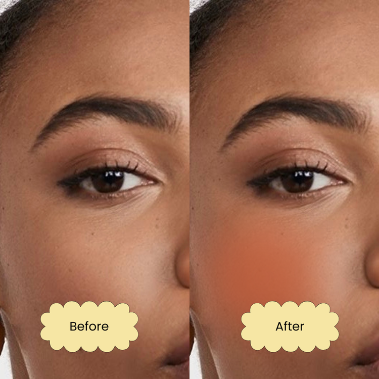 A picture of a black brown woman without blush on her cheekbone and this is labelled "before" and the same woman with a peach orange cream blush on her cheekbones and this is labelled "After"