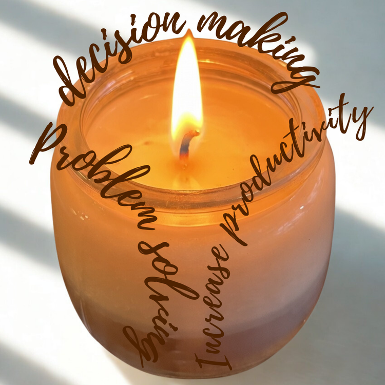 Candle that is lit on the cotton wick with motivational text saying "decision making, problem solving, increase productivity" on a white background