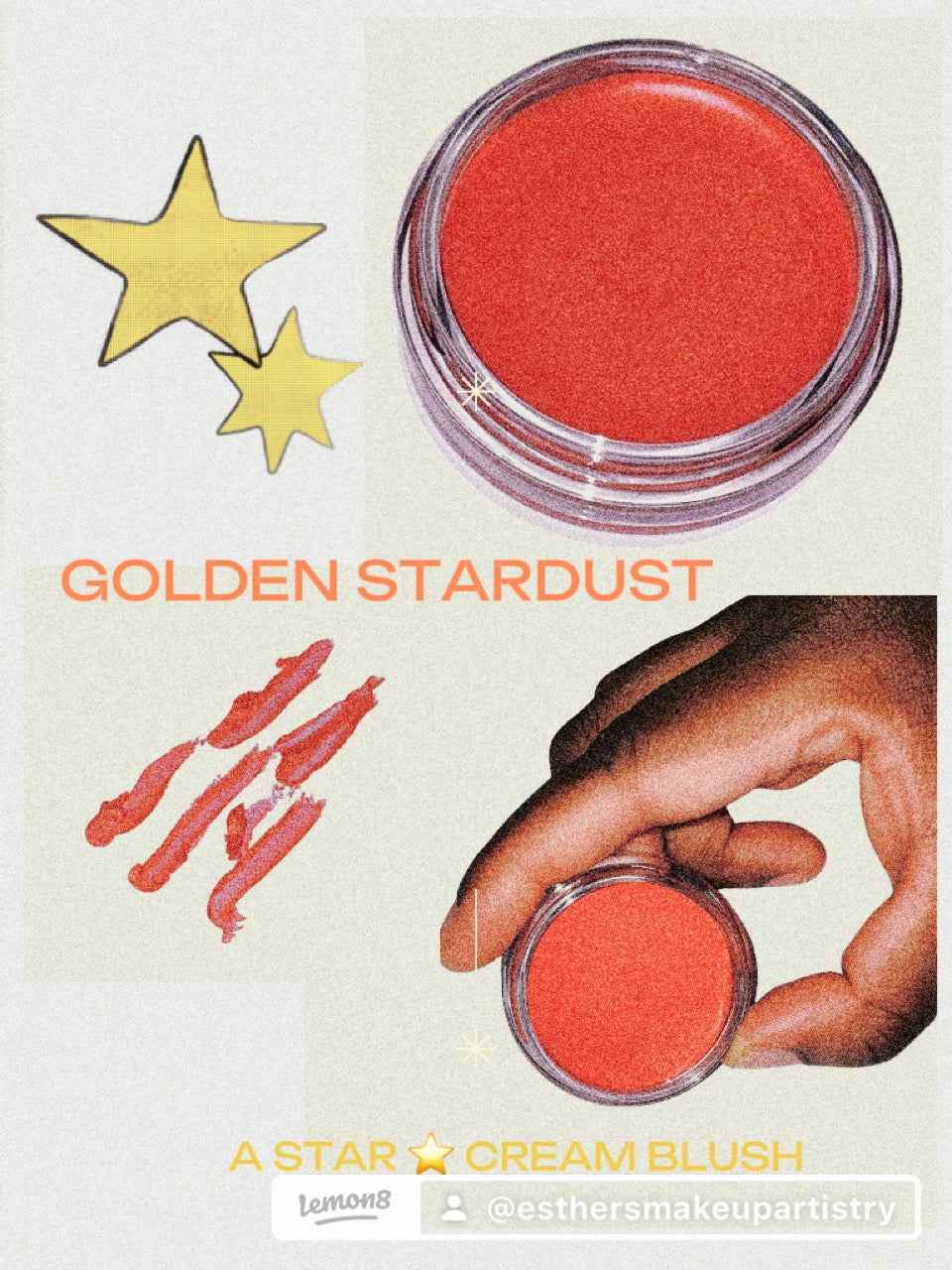 A red pink cream blush in a jar and held by a black woman on a beige cream background with texture marks and stars in the background and this is labelled "Golden stardust"