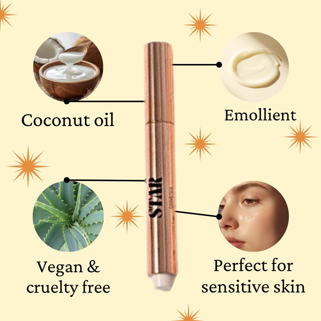 ABOUT US - A STAR COSMETICS, lip balm lip gloss labelled "coconut oil, emollient, vegan and cruelty free, perfect for sensitive skin" on a beige background with golden stars.