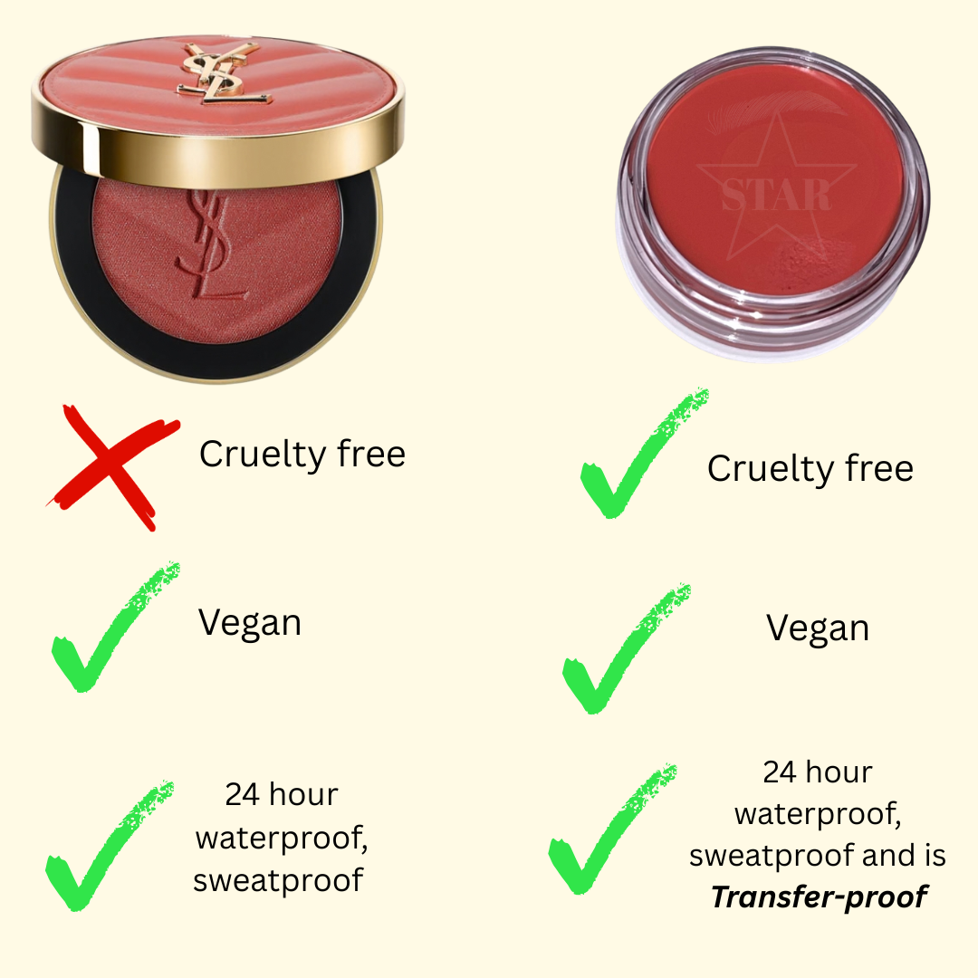 The YSL Make Me Blush Blurring Bold Blush that is vegan, 24 hour wear, waterproof and Sweatproof and the Star cream blush is cruelty free, vegan and 24 hour wear, waterproof and transfer proof