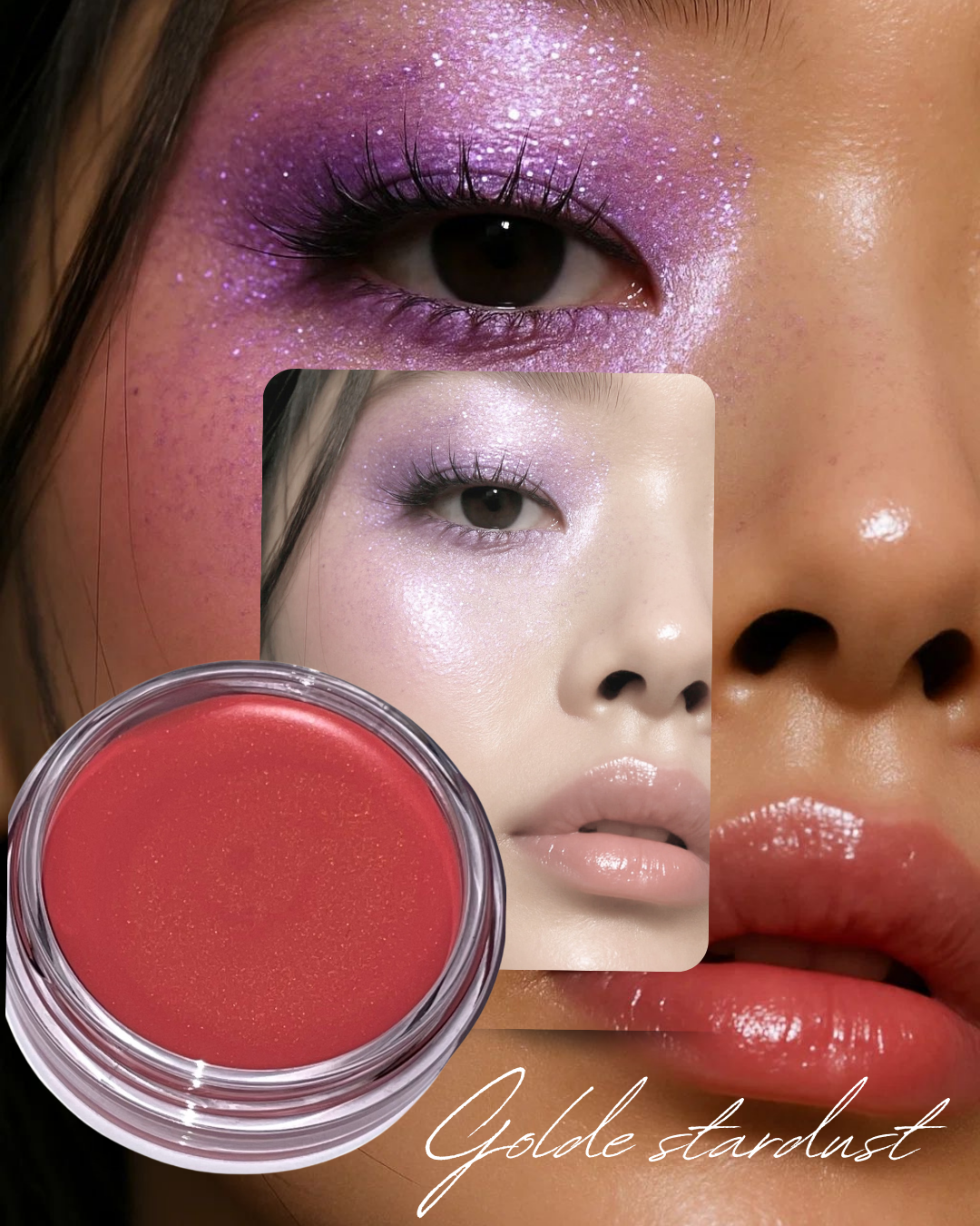 A picture of a Asian woman with glittery purple eyeshadow on her eye lids, and pink red cream blush on her cheekbones and a jar with red pink cream blush and the Asian woman has red lip balm on and this is labelled "Golden stardust".