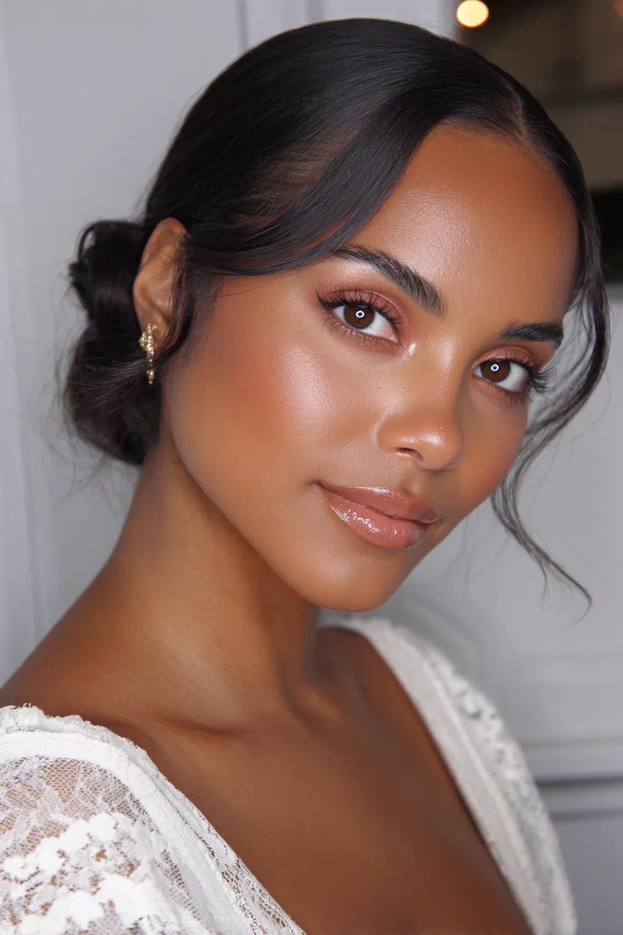 A brown Asian woman with brown reddish cream blush on her cheekbones, and beautiful natural glam wedding makeup look and she is wearing a white wedding dress