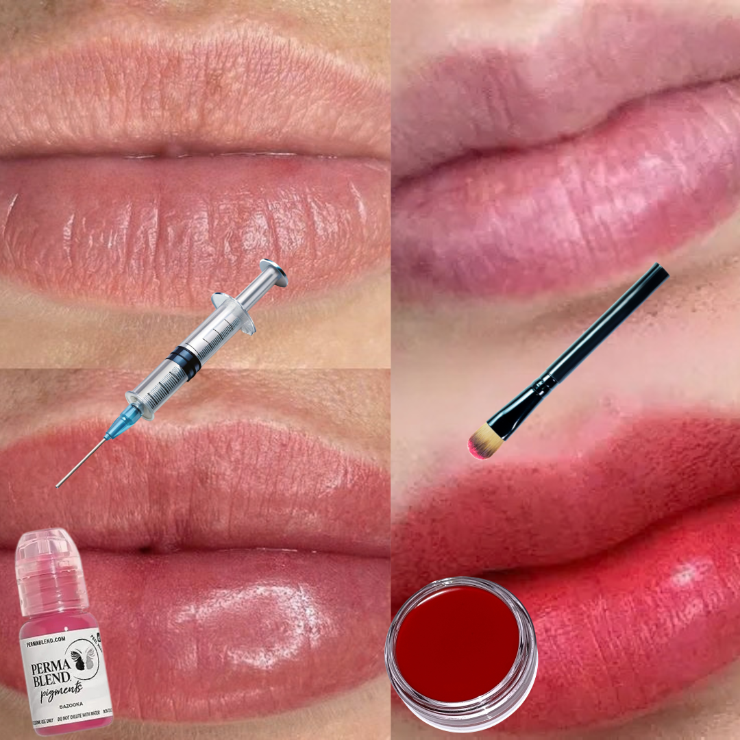 A before and after of lips without lip blush injection and with lip blush injection, the lip blush tint is and needle is in photo. A picture of before and after of lips with cream blush and without. Red cream blush in a glass jar