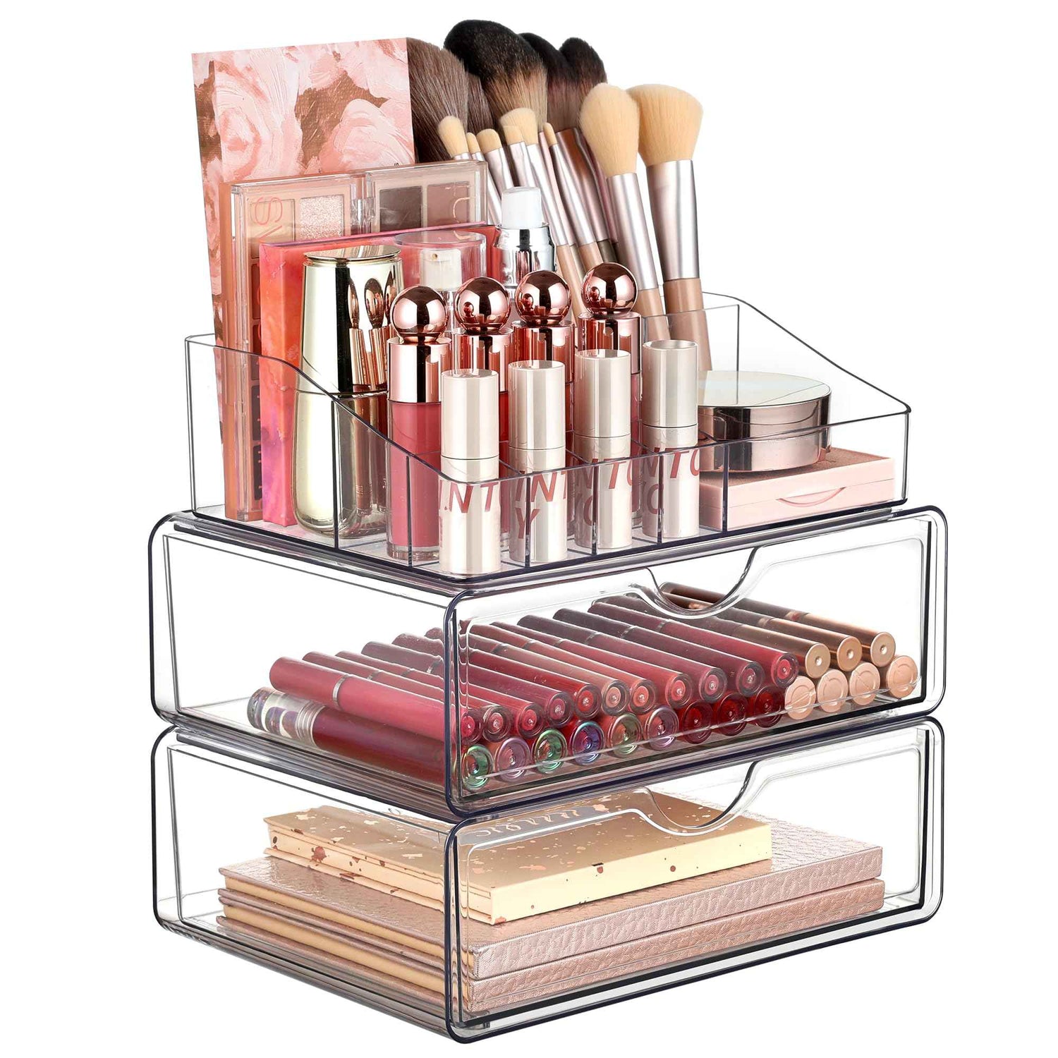 Vtopmart 3 Tier Makeup Organizer with Drawer - Clear Cosmetic Storage for Dresser Countertop and Bathroom Vanity, Beauty Holder for Lipstick and Brush