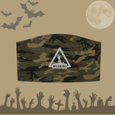A Halloween-themed warning sign banner on a green and brown camouflage crop top, featuring a white triangular warning sign in the center with a handprint and the word &