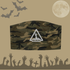 A Halloween-themed warning sign banner on a green and brown camouflage crop top, featuring a white triangular warning sign in the center with a handprint and the word &