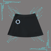 A black A-line mini skirt with a glowing circular LED light on the left side, presented against a gray background with cyan circuit board graphics.
