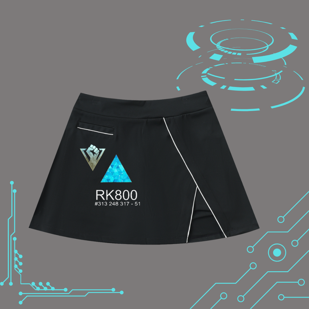 A black athletic skirt with white piping and a blue geometric logo on the front, featuring the text &