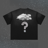 A black short-sleeve T-shirt shown from the back, featuring a white cloud graphic above a large white question mark. The shirt is centered on a dark gray background with raindrop and rain streak effects.