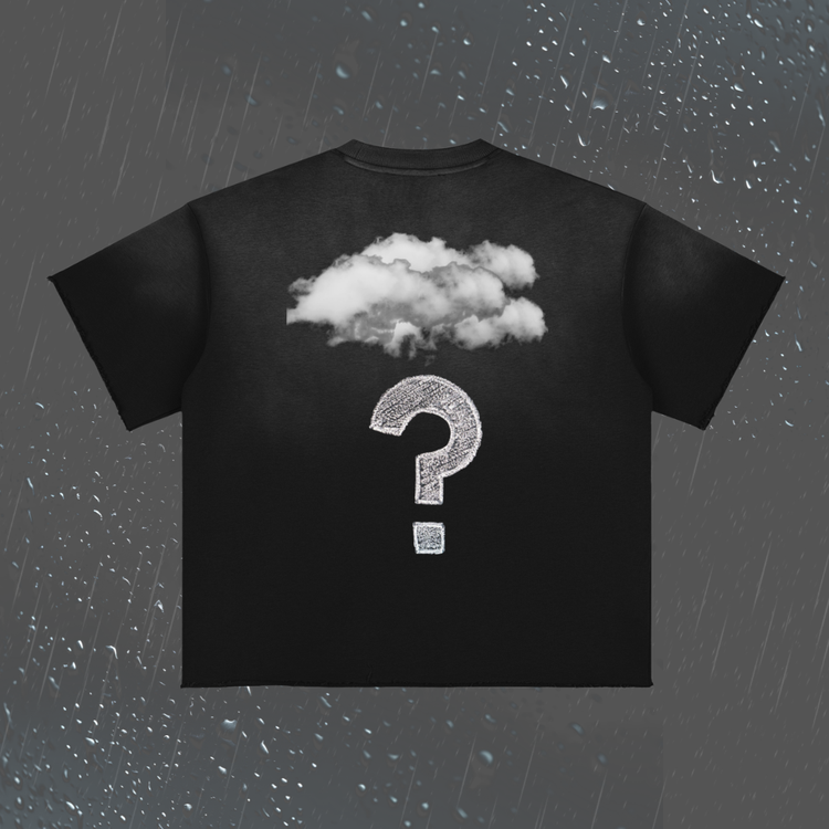 A black short-sleeve T-shirt shown from the back, featuring a white cloud graphic above a large white question mark. The shirt is centered on a dark gray background with raindrop and rain streak effects.