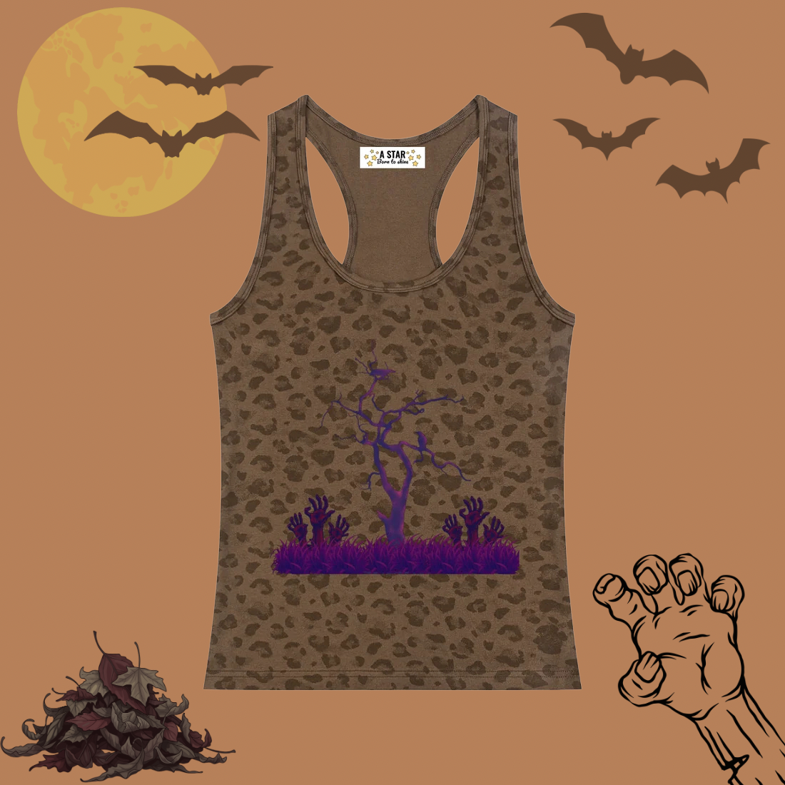 A brown and black leopard-print racerback tank top with a purple Halloween graphic of a bare tree and hands reaching up, displayed on a warm brown background with bats, a moon, and a claw graphic.