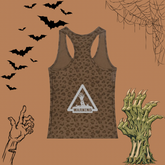 A brown racerback tank top with a dark brown leopard print pattern and a white warning sign graphic on the back, displayed on a solid brown background with Halloween-themed illustrations including bats, a spiderweb, a zombie hand, and a green tree trunk.