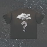 A dark charcoal gray t-shirt with a graphic of a white cloud and a white question mark on the back, set against a dark gray background with raindrops.