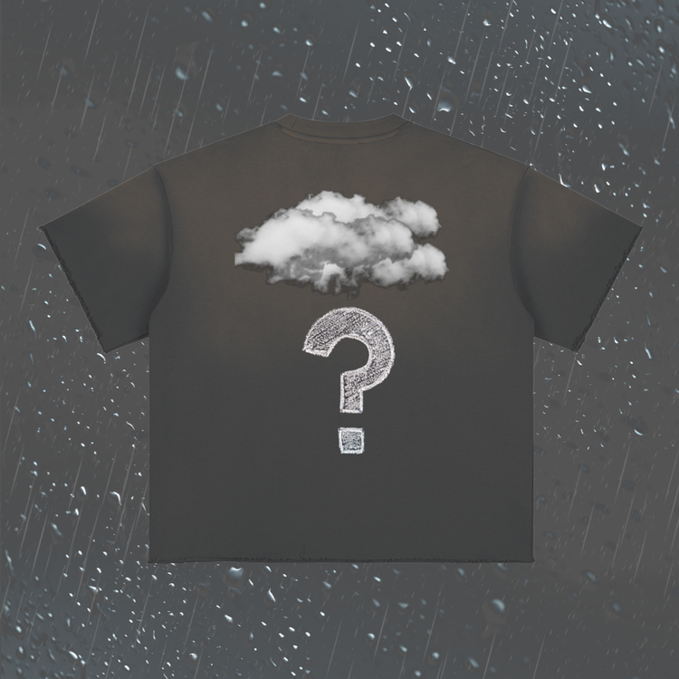 A dark charcoal gray t-shirt with a graphic of a white cloud and a white question mark on the back, set against a dark gray background with raindrops.