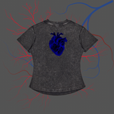 A dark gray acid-wash t-shirt featuring a glowing blue anatomical heart graphic on the chest, set against a dark gray background with red and blue branching vein illustrations.