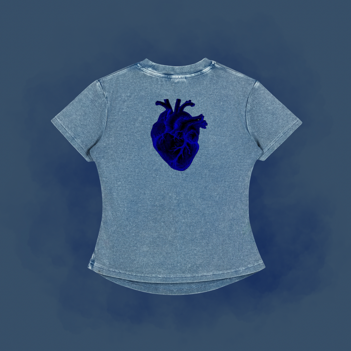A light blue acid-wash t-shirt with a dark blue anatomical heart graphic on the back, displayed against a dark blue textured background.