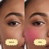 A picture of a black brown woman with brown eyes, showing her cheekbone without blush and this is labelled "before" and after picture with her with pink berry red cream blush on her cheekbones and this is labelled "after"