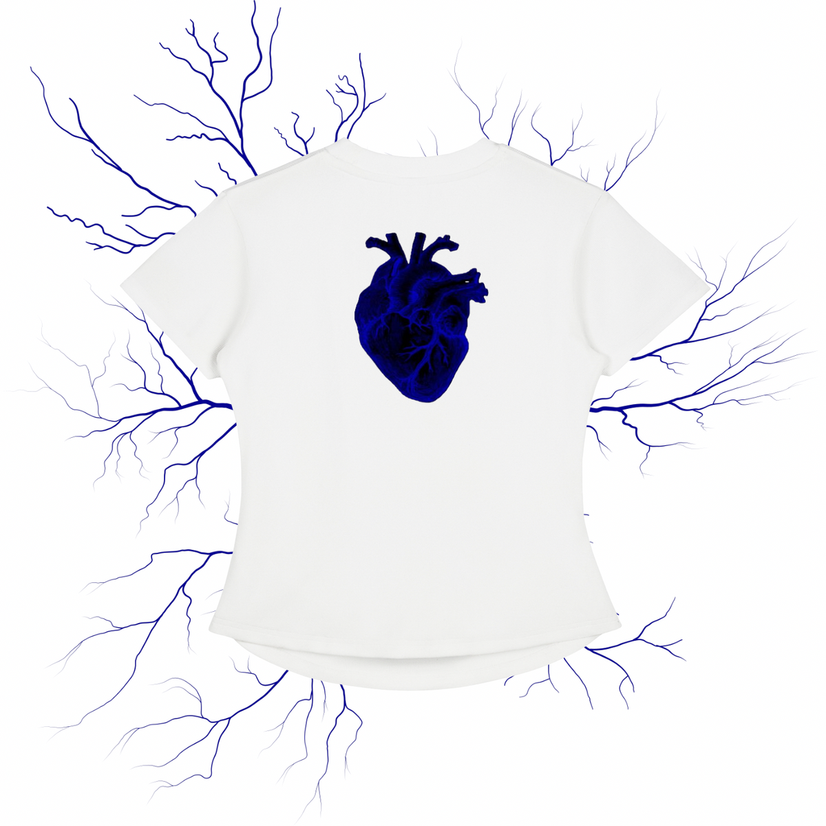 A white short-sleeve t-shirt with a dark blue anatomical heart graphic on the chest, surrounded by blue branching vein-like lines on a black background.