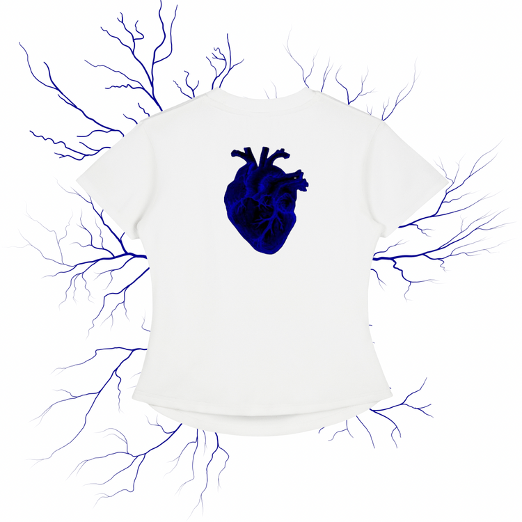A white short-sleeve t-shirt with a dark blue anatomical heart graphic on the chest, surrounded by blue branching vein-like lines on a black background.