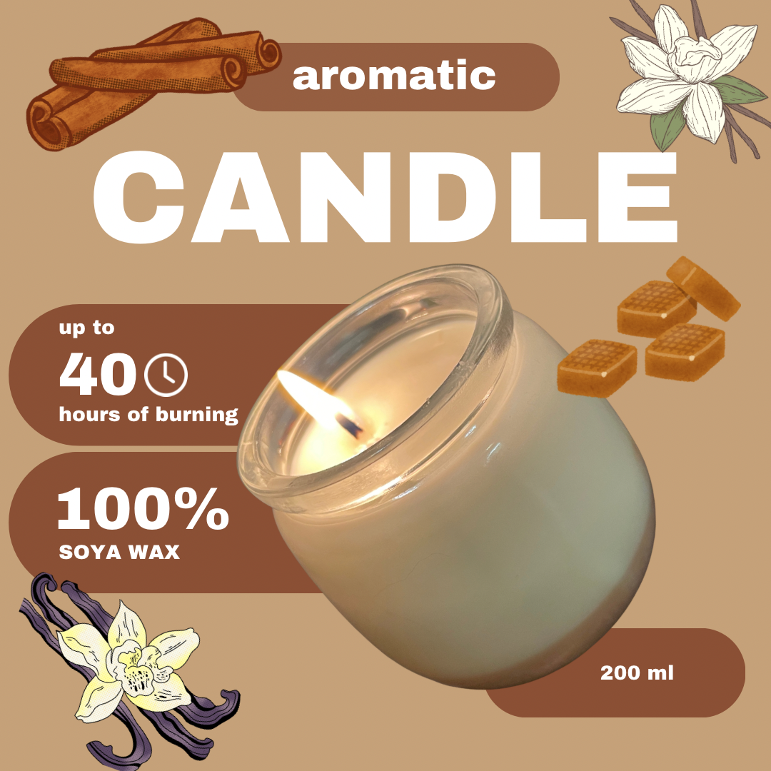 Aromatic candle with cinnamon, vanilla, and ginger illustrations on a brown background and text saying "up to 40 hours of burning" and "100% soya wax" and "200ml"