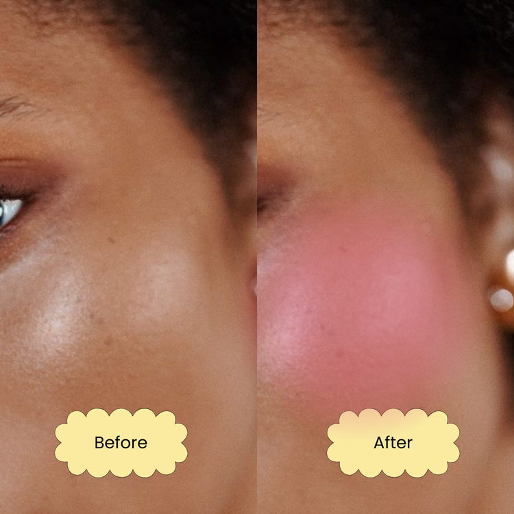Before and after comparison of a black brown woman on the cheekbones, on one of the photos she had no cream blush on her cheekbones and on the other photo, there was a berry pink cream blush on her cheekbones.