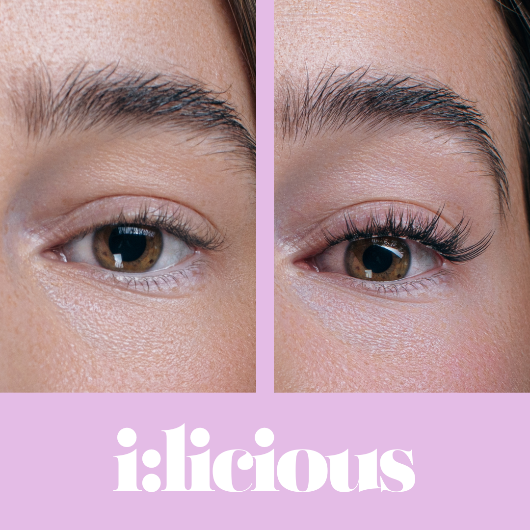 Before and after comparison of an eye with lashes and without lashes i:licious branding.