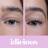 Before and after comparison of an eye with lashes and without lashes i:licious branding.