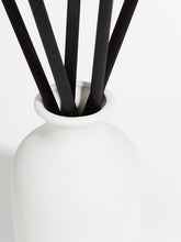 White vase with black sticks on a white background