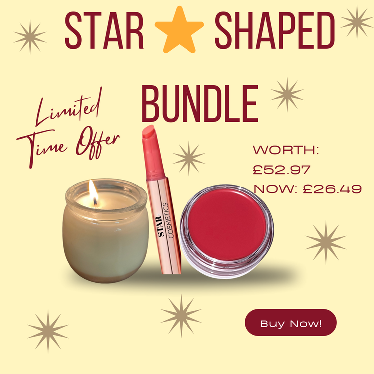 Cosmetics bundle with a candle, lip balm, and lip gloss on a beige background with star shapes. The text on the background is "Star shaped bundle" and "limited time offer" and "worth: £52.97, Now: £26.49" and "buy now!"
