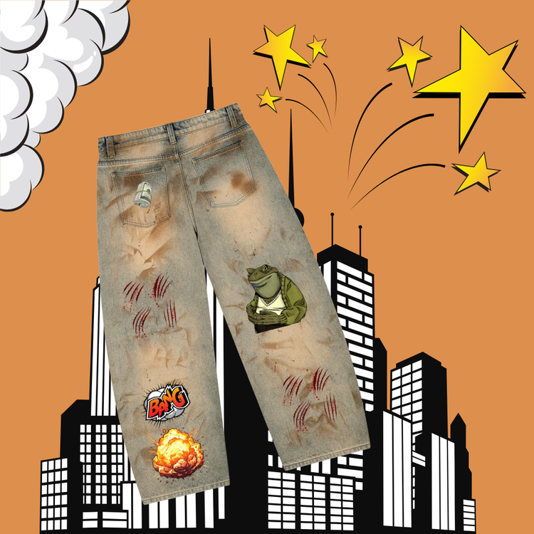 Distressed denim shorts with a frog patch, graffiti-style patches, and red scratch marks, shown against a comic-style cityscape background with stars and clouds.