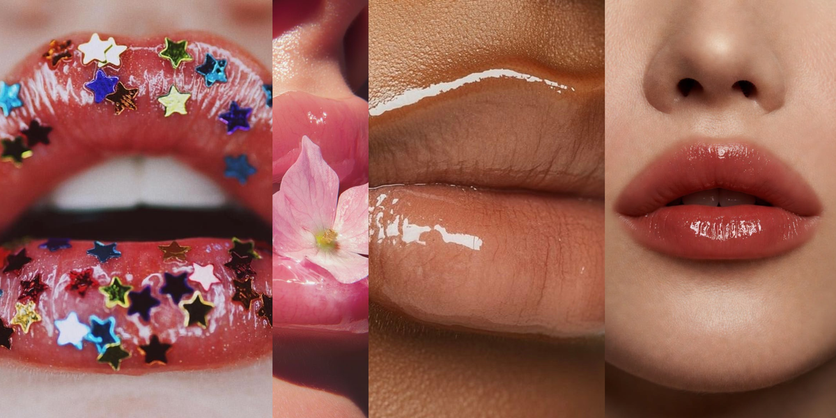 Four vertical close-up panels showing lips and teeth with cosmetic beauty effects: glittery star-shaped lip and teeth decals, glossy pink lips, smooth glossy lips, and natural lips with a nude pink tint.