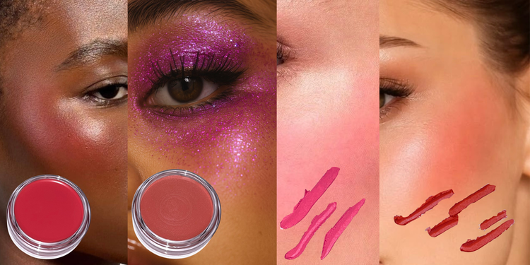 Four vertical panels showing close-up makeup swatches and pots on skin: a warm coral-red cream, a shimmery magenta-pink cream, a bright pink cream, and a deep rosy red cream, each with a small round cosmetic pot visible at the bottom.