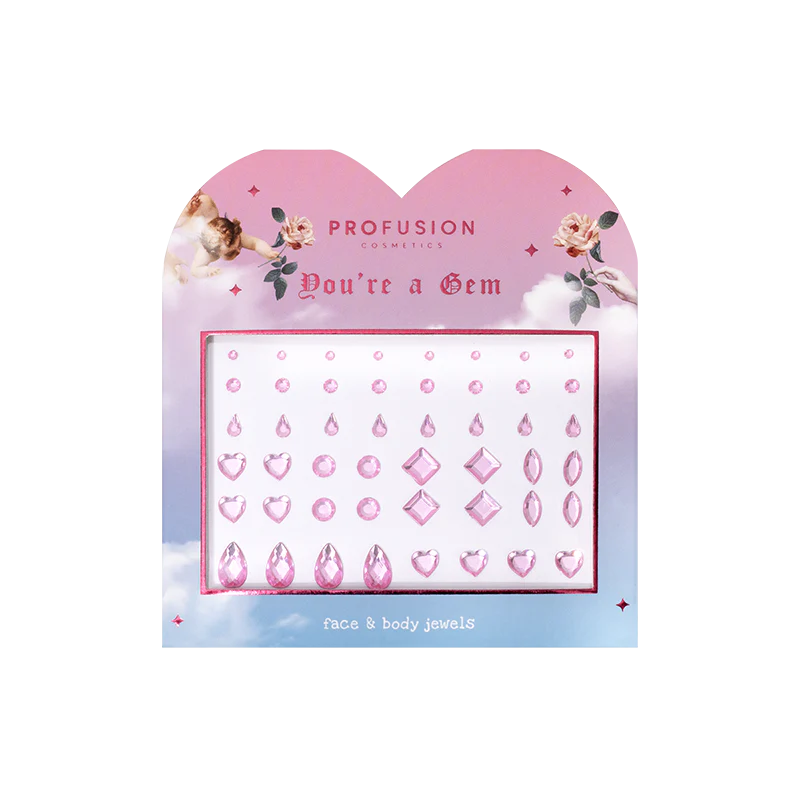 Packaging of Profusion Cosmetics face and body jewels with decorative design on a white background