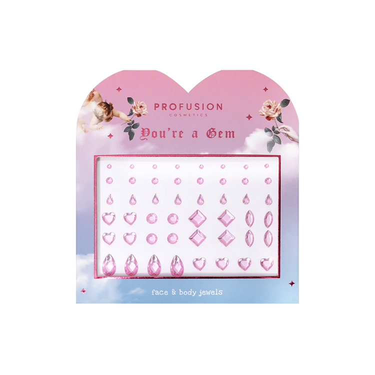 Packaging of Profusion Cosmetics face and body jewels with decorative design on a white background
