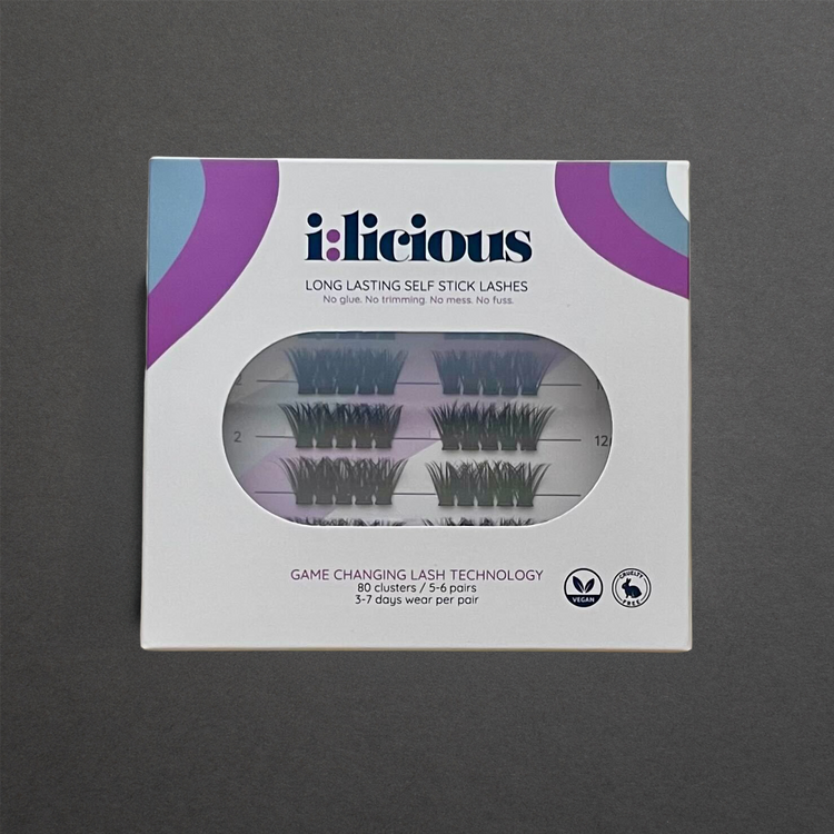 Packaging of iÜlcious false eyelashes on a gray background