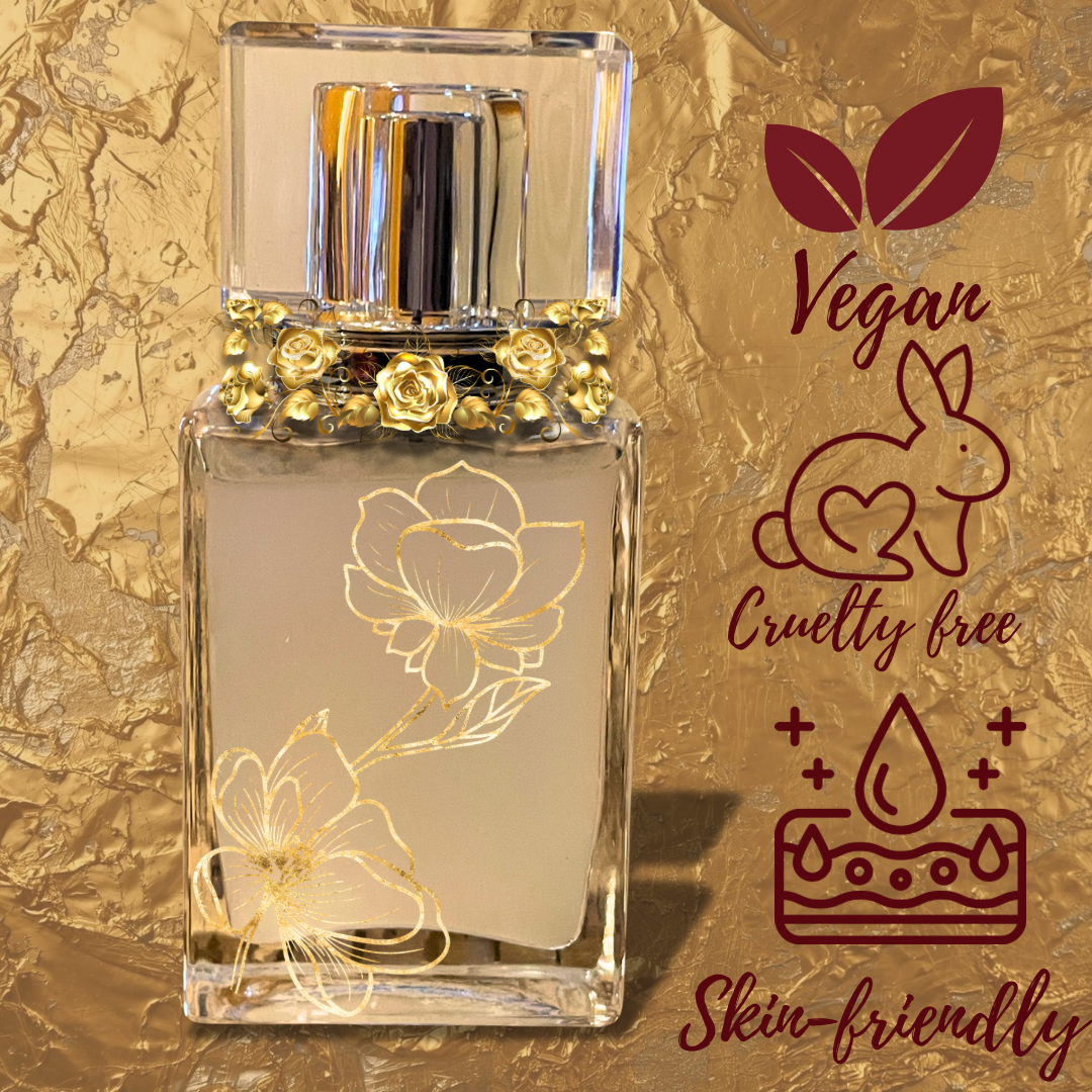 Perfume bottle with floral design on a gold background, featuring vegan, cruelty-free, and skin-friendly icons.