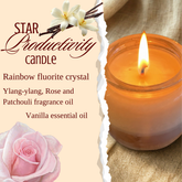 Productivity candle with vanilla essential oil, surrounded by flowers and text saying "star productivity candle, rainbow fluorite crystal, ylang-ylang, rose and patchouli fragrance oil and vanilla essential oil on a beige background
