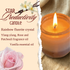 Productivity candle with vanilla essential oil, surrounded by flowers and text saying "star productivity candle, rainbow fluorite crystal, ylang-ylang, rose and patchouli fragrance oil and vanilla essential oil on a beige background