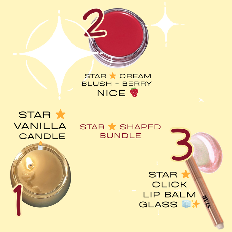 Promotional graphic of cosmetic products including a star-shaped candle, blush, and lip balm on a yellow background. The candle is a beige candle lit, with the number 1 and labelled "star vanilla candle" and a pink berry cream blush with the number 2 and was labelled "Star cream blush - berry nice" and a lip balm with texture with 3 labelled "Star click lip balm glass"