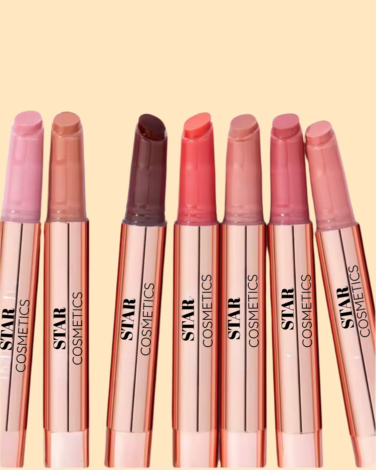 Set of a Star Cosmetics lip balm in different shades pink, beige, nude, brown, red and cream nude, berry pink and pink peach on a beige background