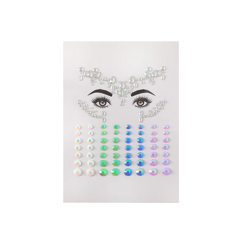 Set of colourful rhinestone stickers on a white card with face design