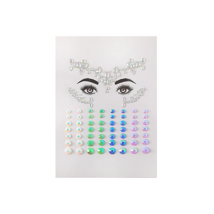 Set of colourful rhinestone stickers on a white card with face design