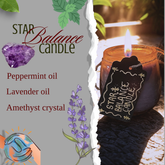 Star Balance Candle with peppermint oil, lavender oil, and amethyst crystal on a gray background.