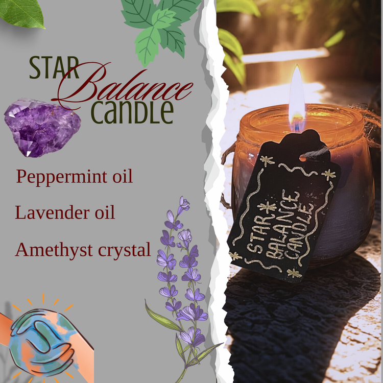 Star Balance Candle with peppermint oil, lavender oil, and amethyst crystal on a gray background.