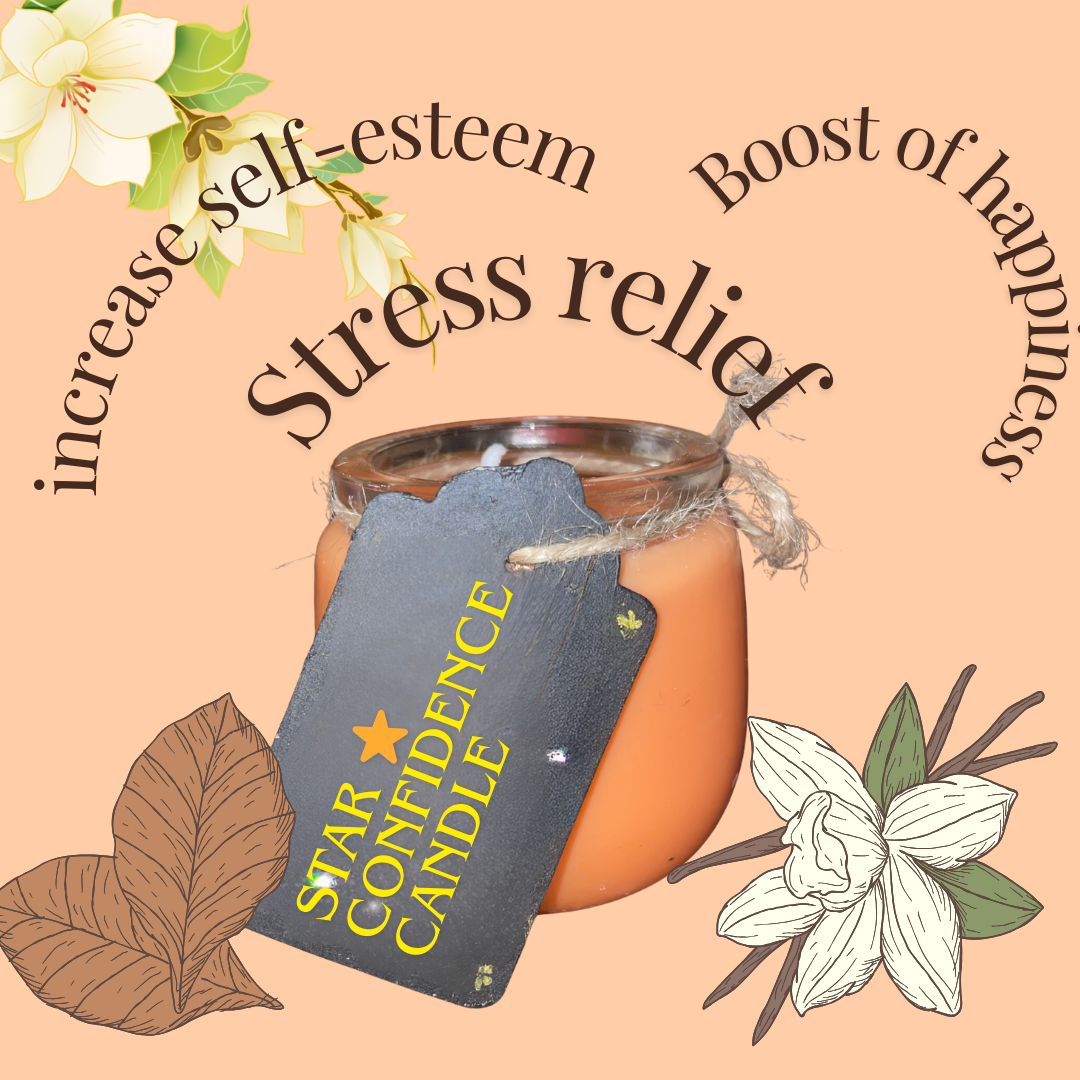 Star Confidence Candle, which is a orange peach candle in a glass jar and the cotton wick is not lit on a peach background with text saying "increase self-esteem, boost of happiness and stress relief" with diagram of Vanilla beans, Jasmine flower and brown leaves.