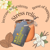 Star Confidence Candle, which is a orange peach candle in a glass jar and the cotton wick is not lit on a peach background with text saying "increase self-esteem, boost of happiness and stress relief" with diagram of Vanilla beans, Jasmine flower and brown leaves.