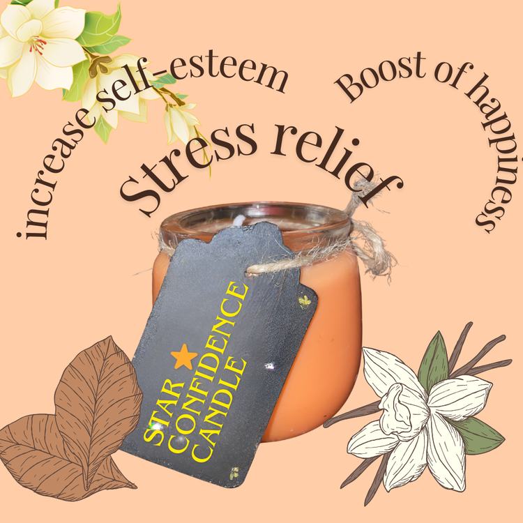 Star Confidence Candle, which is a orange peach candle in a glass jar and the cotton wick is not lit on a peach background with text saying "increase self-esteem, boost of happiness and stress relief" with diagram of Vanilla beans, Jasmine flower and brown leaves.