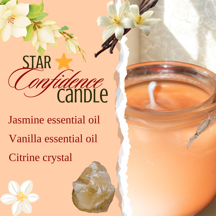 Star Confidence Candle with jasmine and vanilla essential oils and a citrine crystal on a peach background.