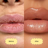 This is a picture of a woman with dry, dehydrated lips and this is labelled "before" and a woman with hydrated, nude brown glossy lips and this is labelled "after"